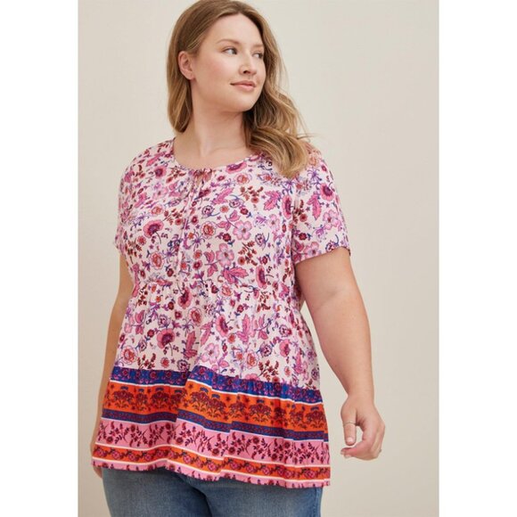 Torrid Babydoll Rayon Slub Tie-Front Top Floral Bohemian Blouse Short Sleeve 2X - Picture 1 of 10